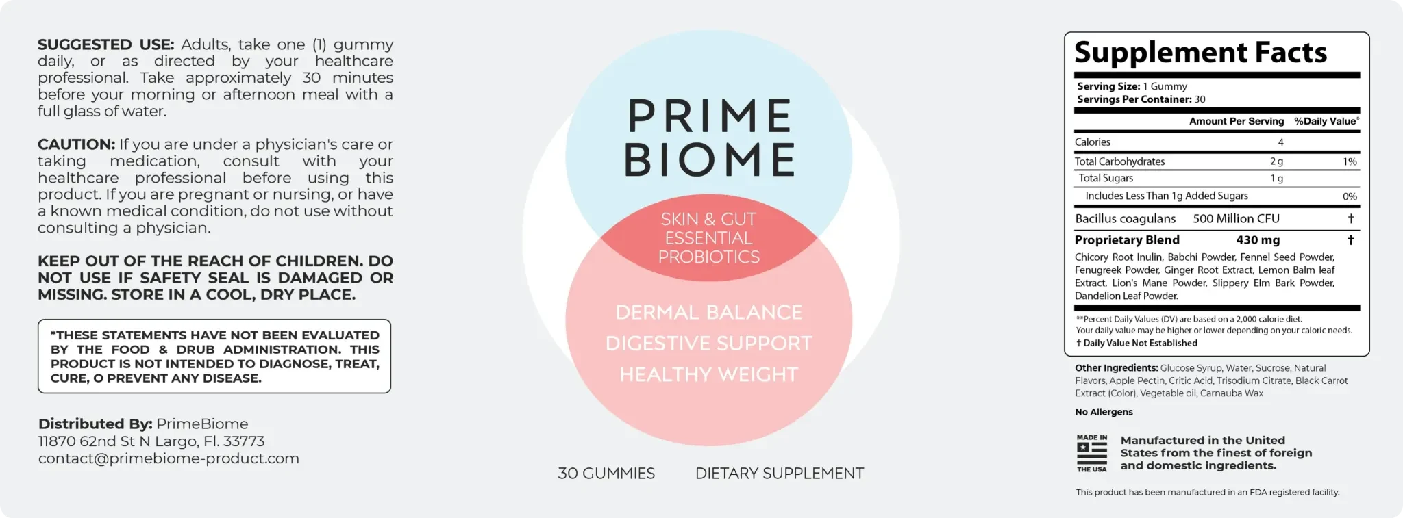 PrimeBiome supplement facts panel with back label